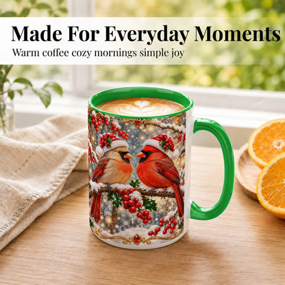 #pl[15oz|Green] Cardinal Pair Coffee Mug, Christmas Bird Mug, Ceramic Cup