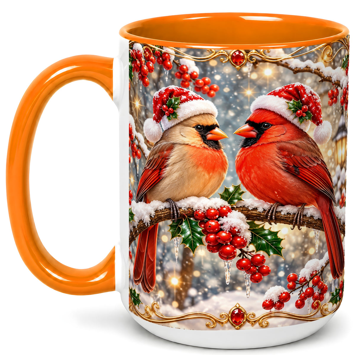 #pl[15oz|Orange] Cardinal Pair Coffee Mug, Christmas Bird Mug, Ceramic Cup