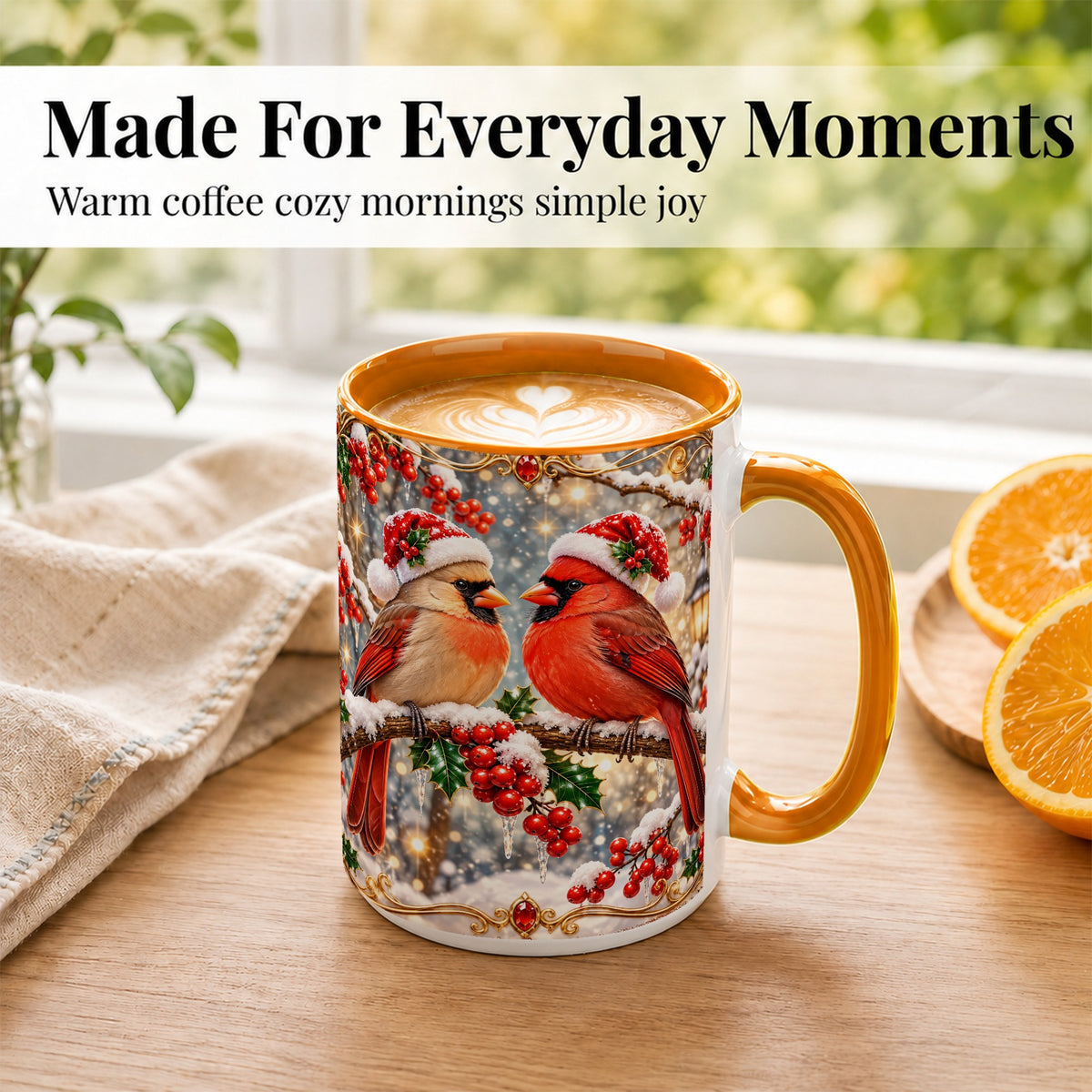 #pl[15oz|Orange] Cardinal Pair Coffee Mug, Christmas Bird Mug, Ceramic Cup