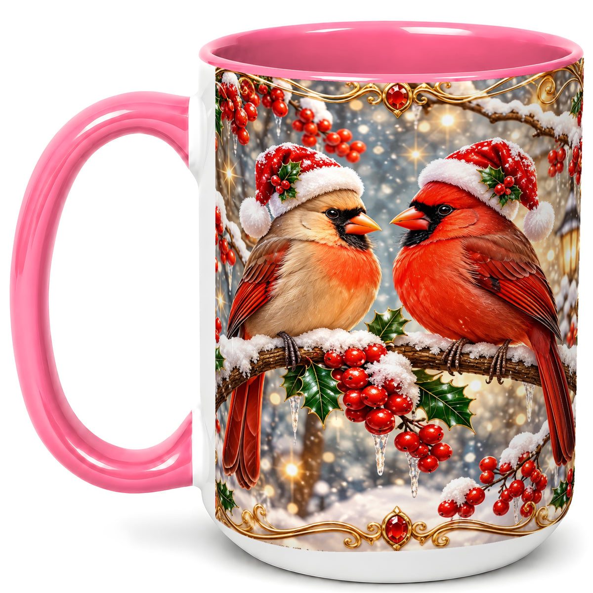 #pl[15oz|Pink] Cardinal Pair Coffee Mug, Christmas Bird Mug, Ceramic Cup