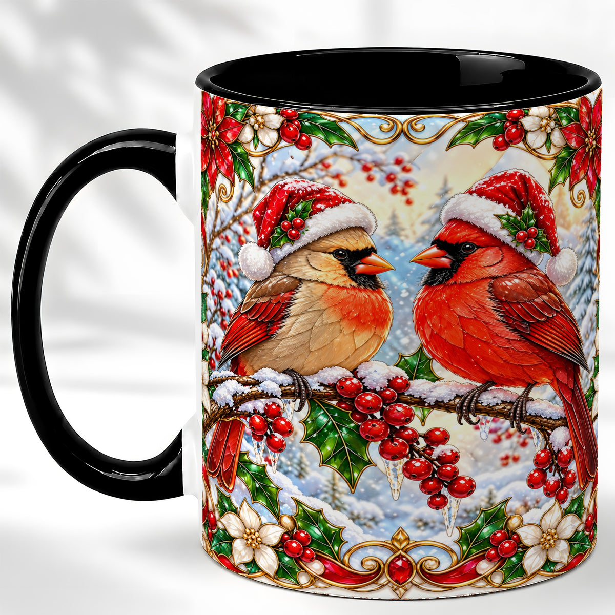 #pl[11oz|Black] Christmas Cardinal Coffee Mug, Winter Bird Mug, Ceramic Cup