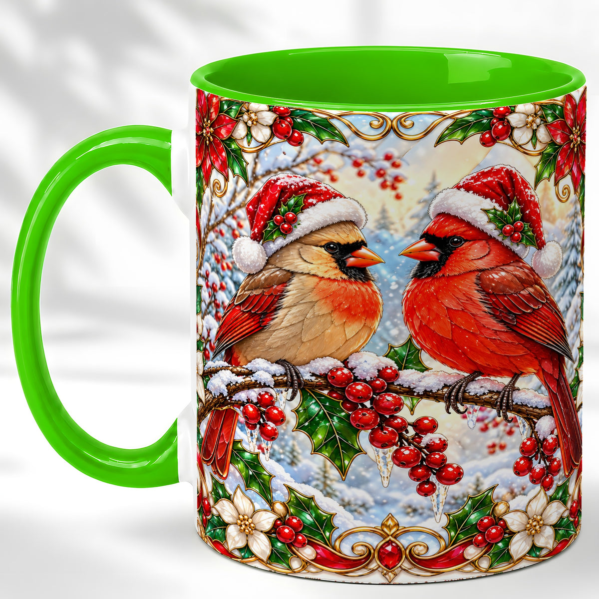 #pl[11oz|Green] Christmas Cardinal Coffee Mug, Winter Bird Mug, Ceramic Cup