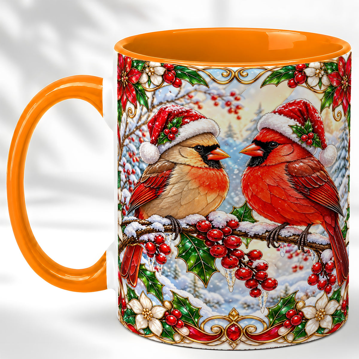 #pl[11oz|Orange] Christmas Cardinal Coffee Mug, Winter Bird Mug, Ceramic Cup