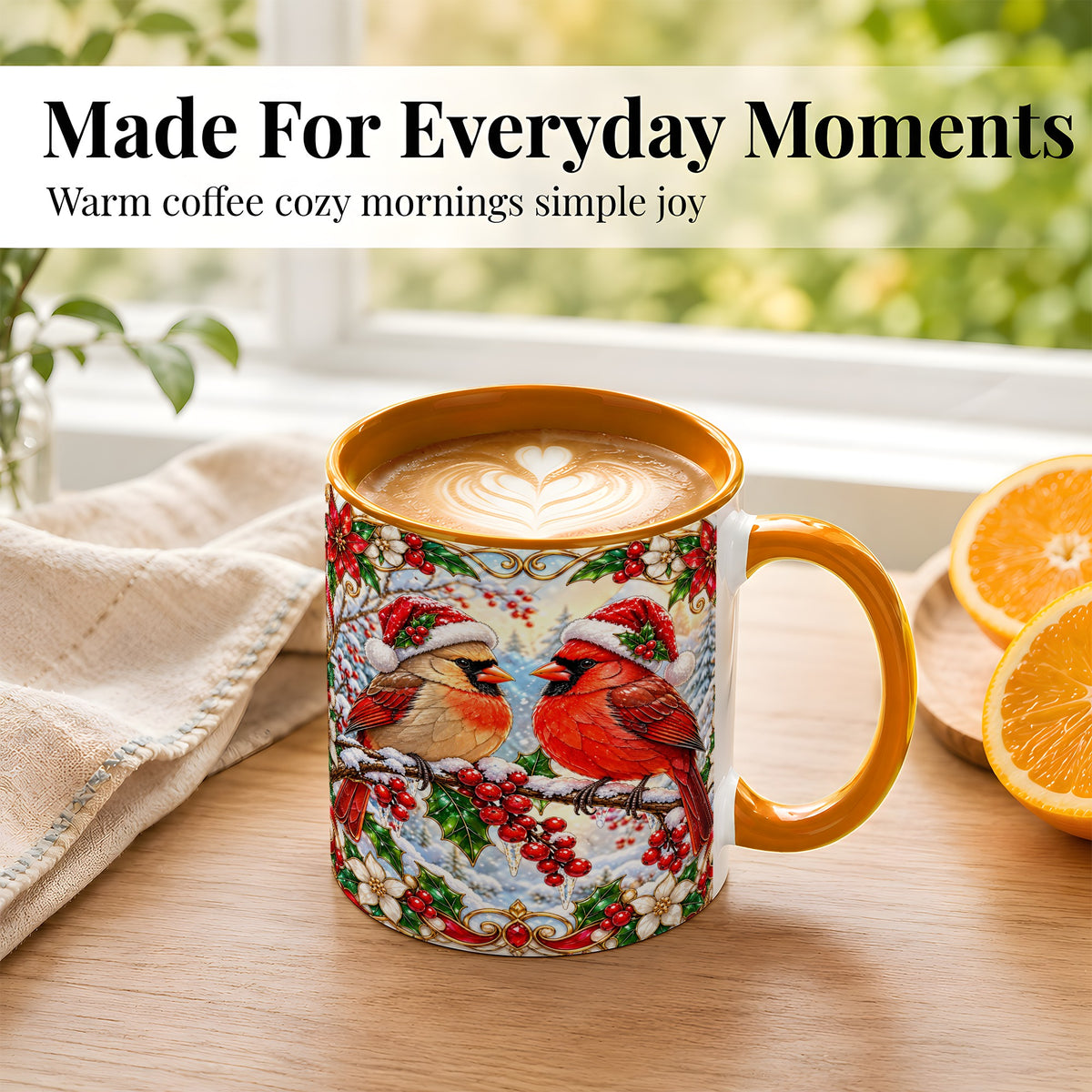 #pl[11oz|Orange] Christmas Cardinal Coffee Mug, Winter Bird Mug, Ceramic Cup