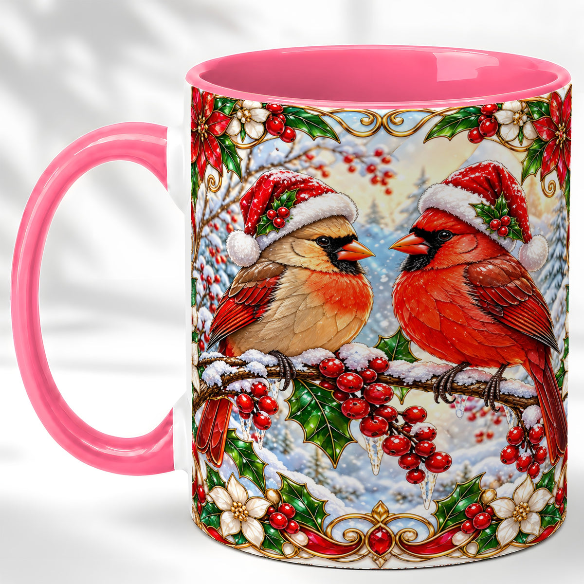 #pl[11oz|Pink] Christmas Cardinal Coffee Mug, Winter Bird Mug, Ceramic Cup