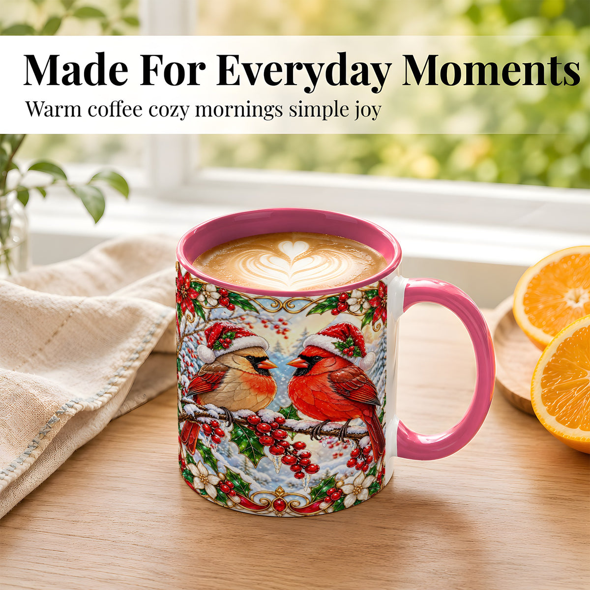 #pl[11oz|Pink] Christmas Cardinal Coffee Mug, Winter Bird Mug, Ceramic Cup