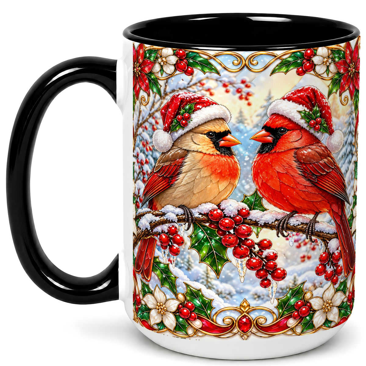 #pl[15oz|Black] Christmas Cardinal Coffee Mug, Winter Bird Mug, Ceramic Cup