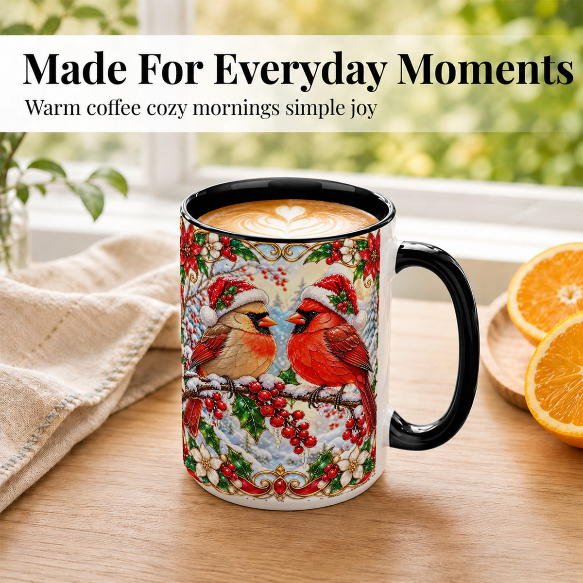 #pl[15oz|Black] Christmas Cardinal Coffee Mug, Winter Bird Mug, Ceramic Cup