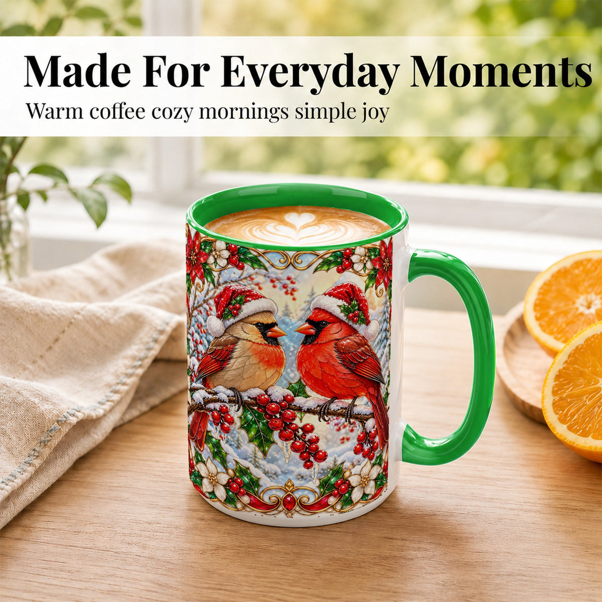 #pl[15oz|Green] Christmas Cardinal Coffee Mug, Winter Bird Mug, Ceramic Cup