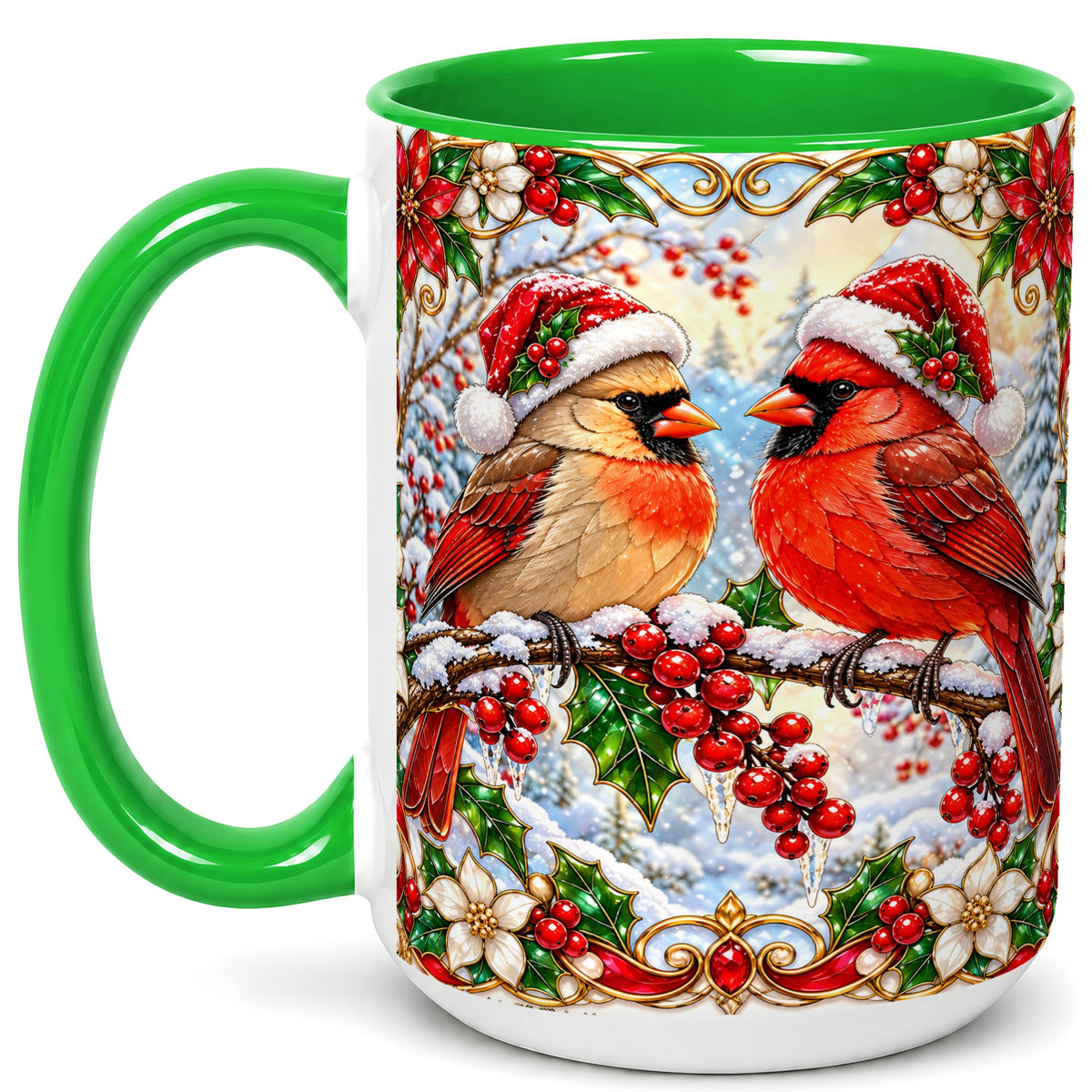 #pl[15oz|Green] Christmas Cardinal Coffee Mug, Winter Bird Mug, Ceramic Cup