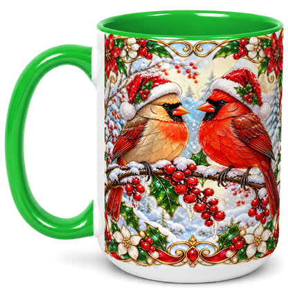 #pl[15oz|Green] Christmas Cardinal Coffee Mug, Winter Bird Mug, Ceramic Cup