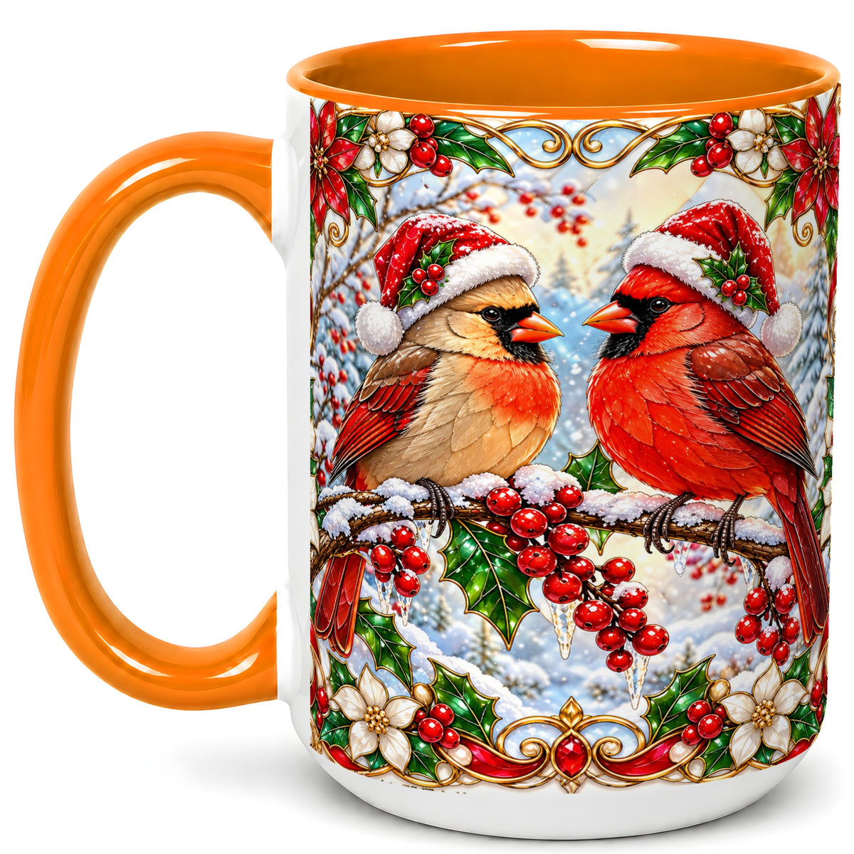 #pl[15oz|Orange] Christmas Cardinal Coffee Mug, Winter Bird Mug, Ceramic Cup