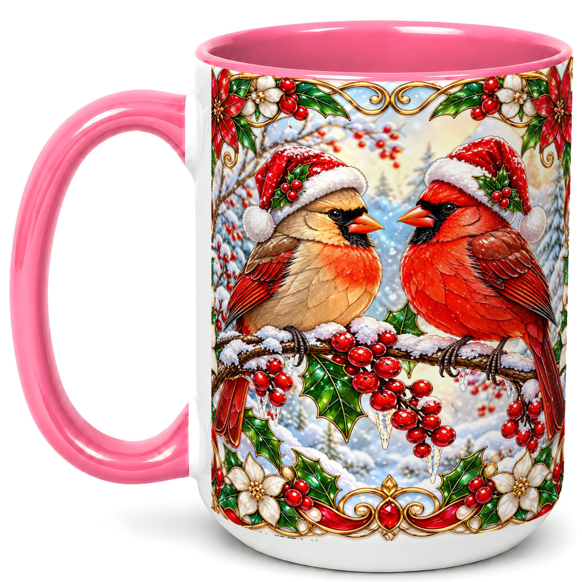 #pl[15oz|Pink] Christmas Cardinal Coffee Mug, Winter Bird Mug, Ceramic Cup