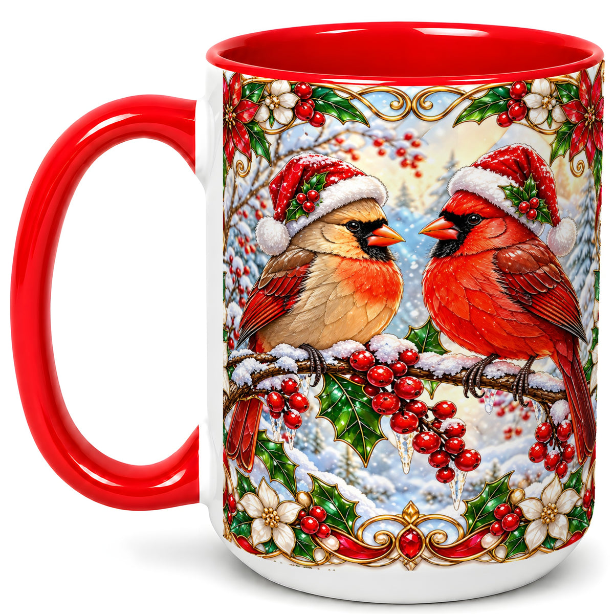 #pl[15oz|Red] Christmas Cardinal Coffee Mug, Winter Bird Mug, Ceramic Cup