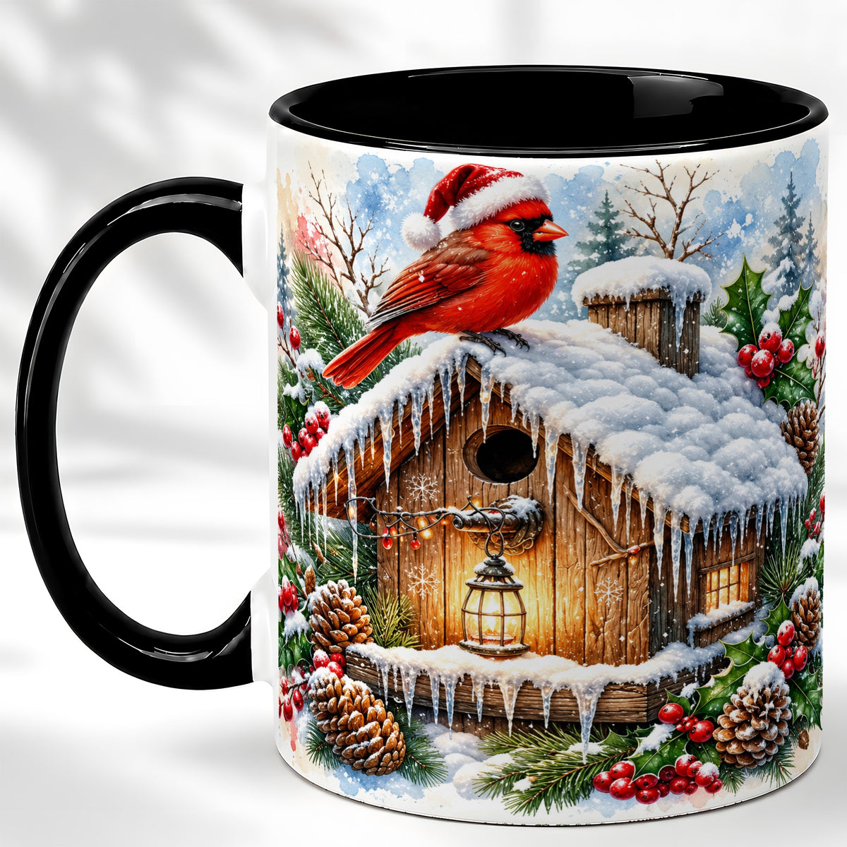 #pl[11oz|Black] Snowy Cardinal Coffee Mug, Winter Birdhouse Mug, Ceramic Cup