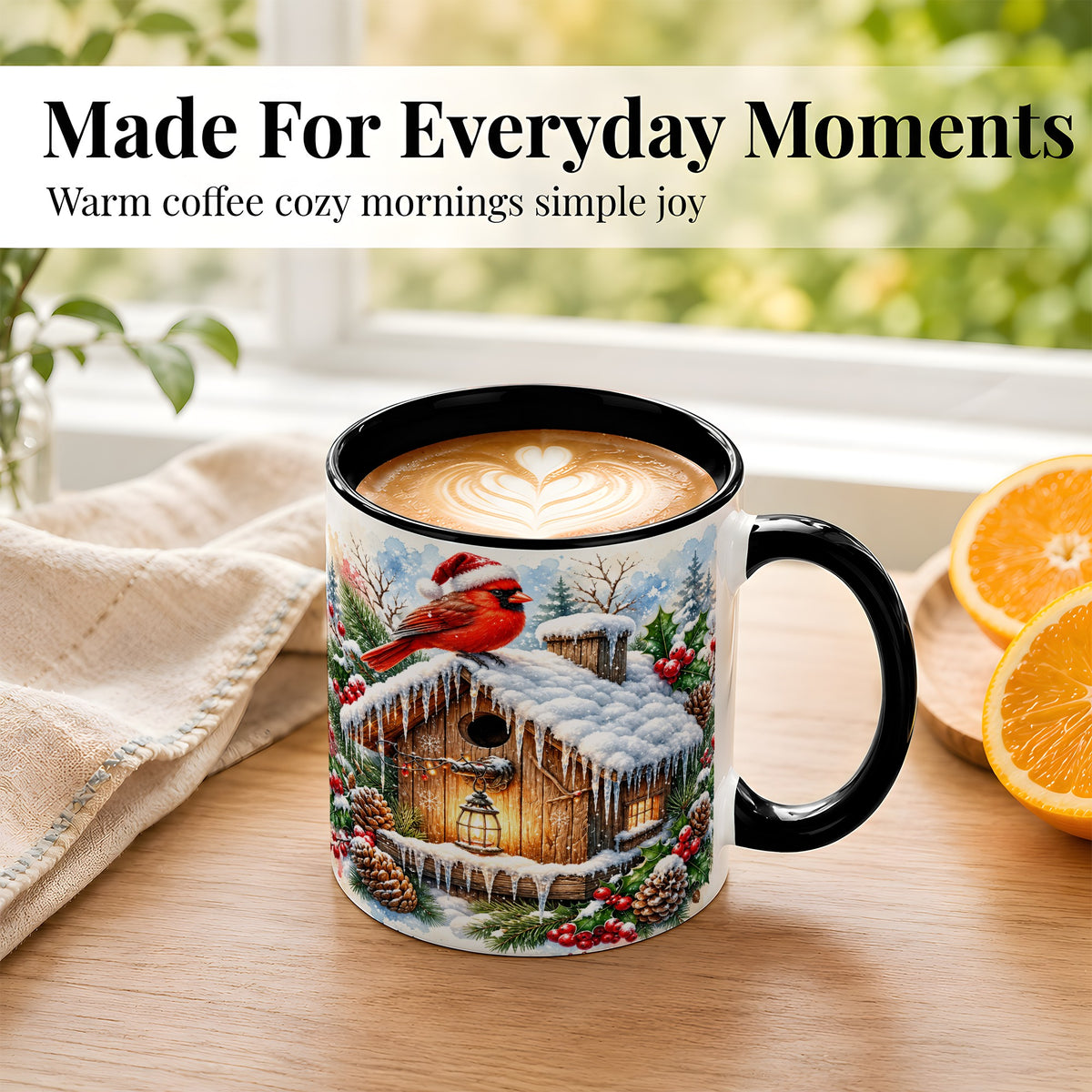 #pl[11oz|Black] Snowy Cardinal Coffee Mug, Winter Birdhouse Mug, Ceramic Cup