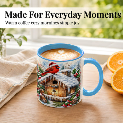 #pl[11oz|Blue] Snowy Cardinal Coffee Mug, Winter Birdhouse Mug, Ceramic Cup