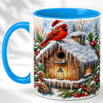 #pl[11oz|Blue] Snowy Cardinal Coffee Mug, Winter Birdhouse Mug, Ceramic Cup
