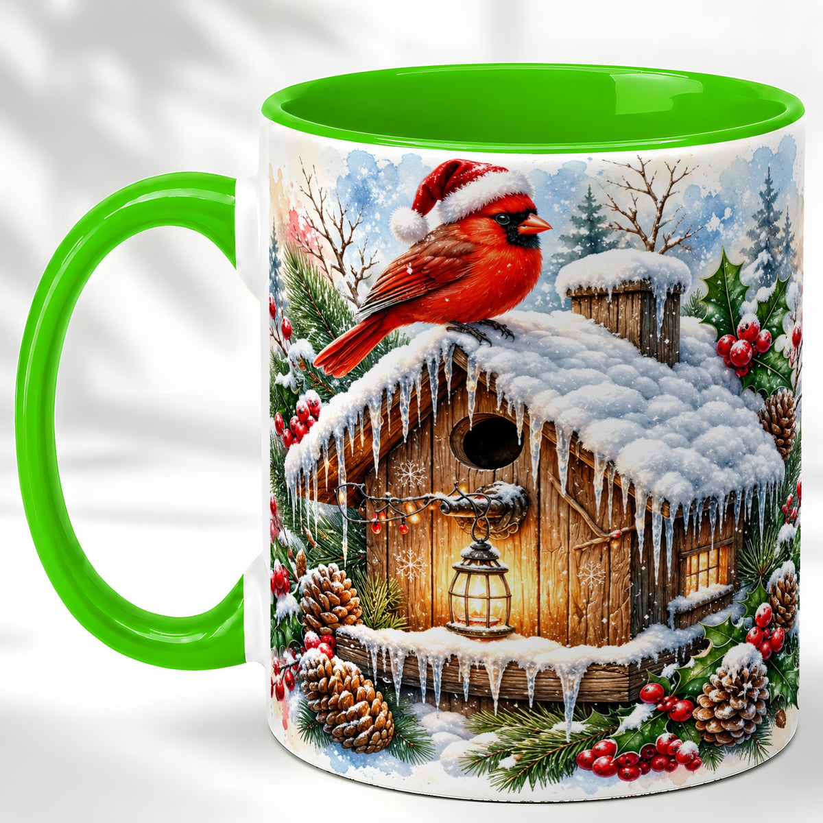 #pl[11oz|Green] Snowy Cardinal Coffee Mug, Winter Birdhouse Mug, Ceramic Cup