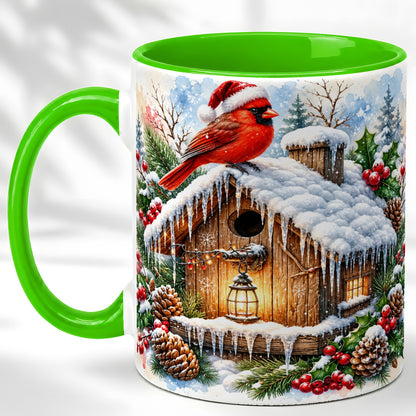 #pl[11oz|Green] Snowy Cardinal Coffee Mug, Winter Birdhouse Mug, Ceramic Cup