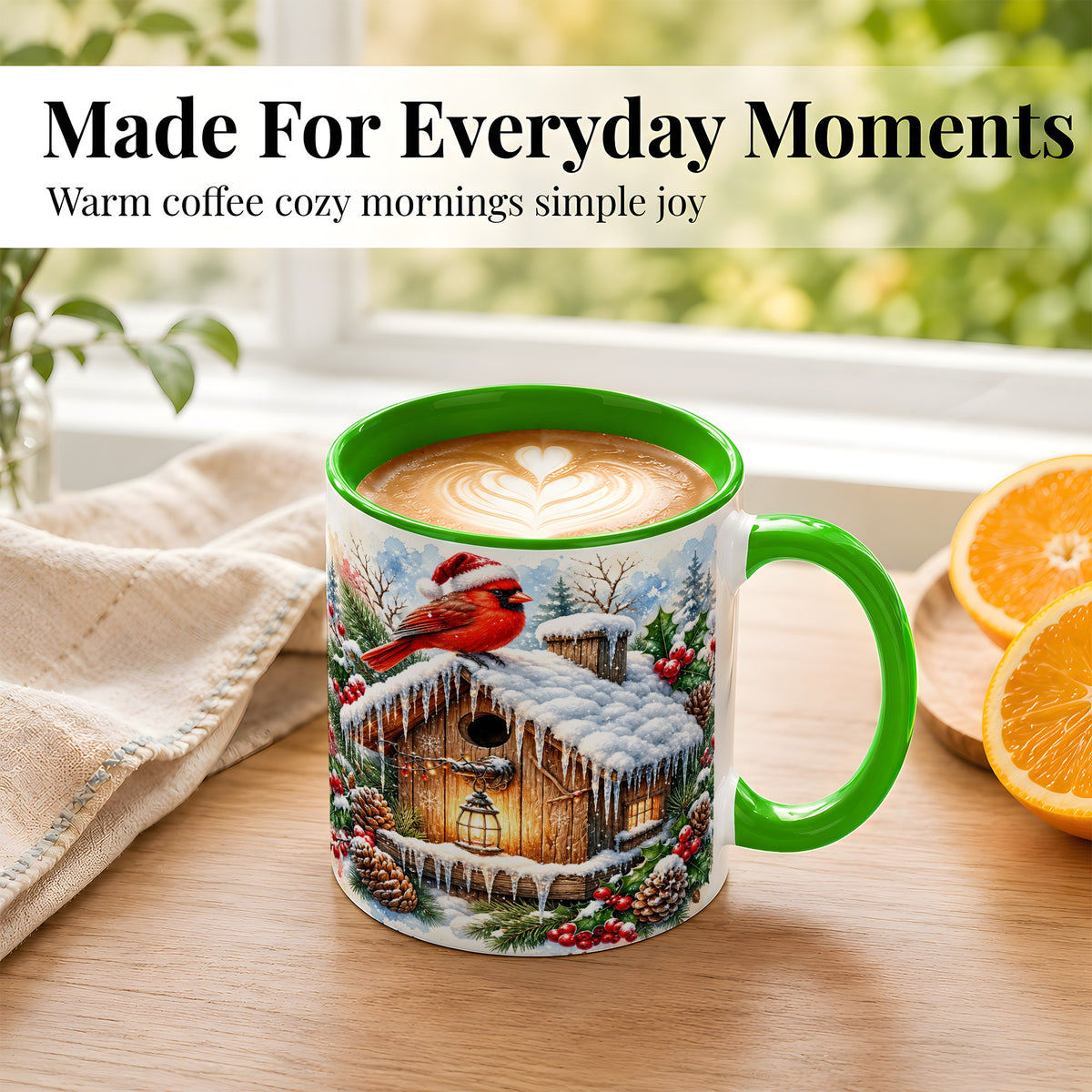 #pl[11oz|Green] Snowy Cardinal Coffee Mug, Winter Birdhouse Mug, Ceramic Cup