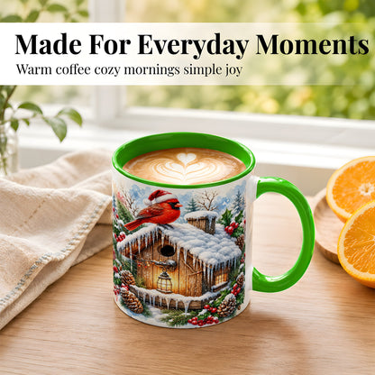 #pl[11oz|Green] Snowy Cardinal Coffee Mug, Winter Birdhouse Mug, Ceramic Cup
