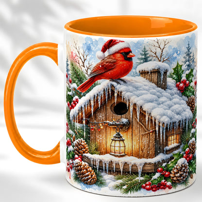 #pl[11oz|Orange] Snowy Cardinal Coffee Mug, Winter Birdhouse Mug, Ceramic Cup