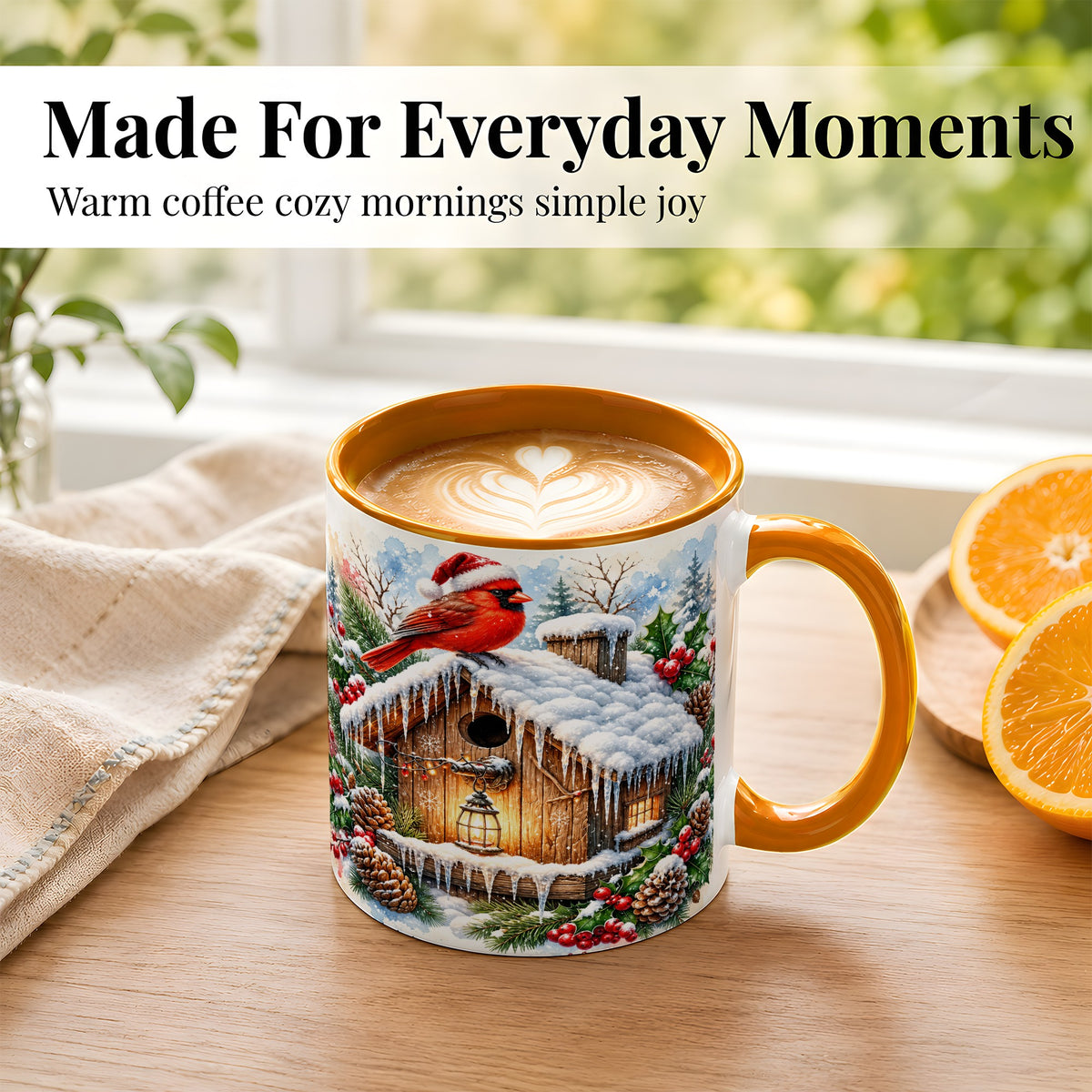 #pl[11oz|Orange] Snowy Cardinal Coffee Mug, Winter Birdhouse Mug, Ceramic Cup