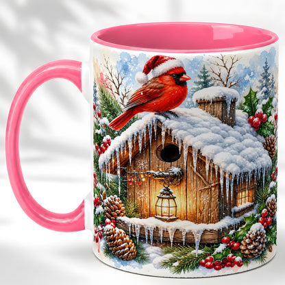 #pl[11oz|Pink] Snowy Cardinal Coffee Mug, Winter Birdhouse Mug, Ceramic Cup