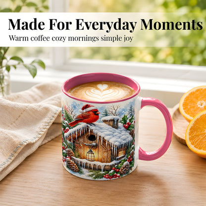 #pl[11oz|Pink] Snowy Cardinal Coffee Mug, Winter Birdhouse Mug, Ceramic Cup