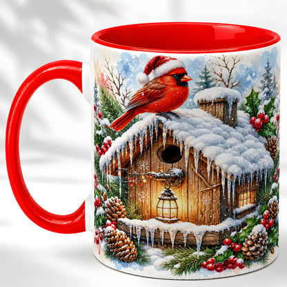Snowy Cardinal Coffee Mug, Winter Birdhouse Mug, Ceramic Cup