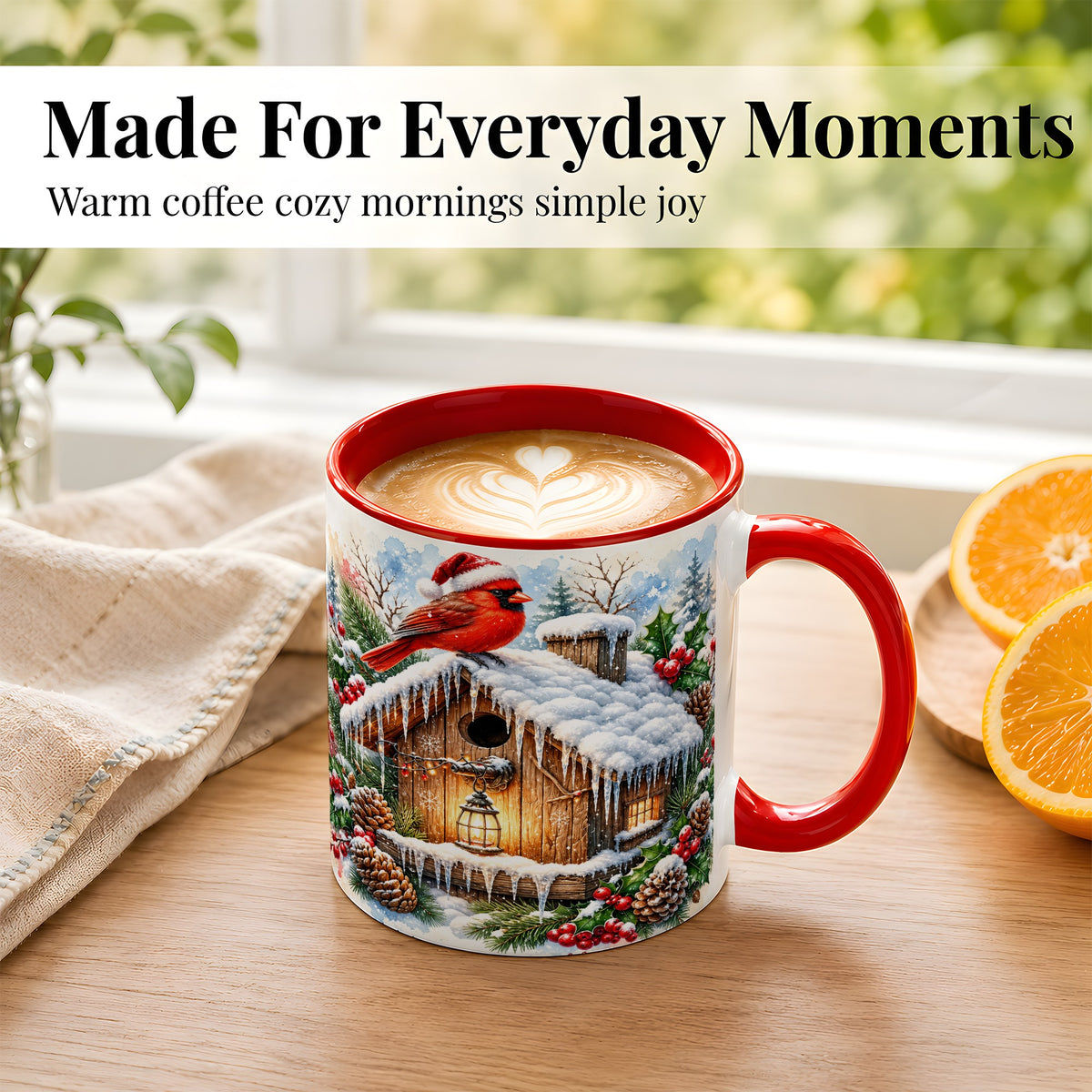 #pl[11oz|Red] Snowy Cardinal Coffee Mug, Winter Birdhouse Mug, Ceramic Cup