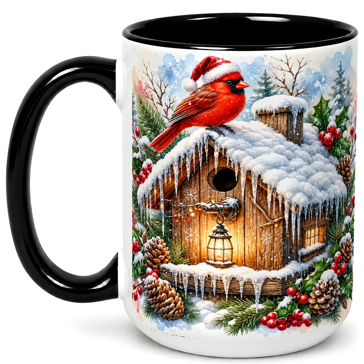 #pl[15oz|Black] Snowy Cardinal Coffee Mug, Winter Birdhouse Mug, Ceramic Cup