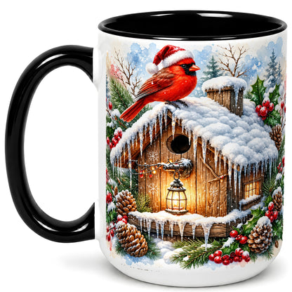 #pl[15oz|Black] Snowy Cardinal Coffee Mug, Winter Birdhouse Mug, Ceramic Cup