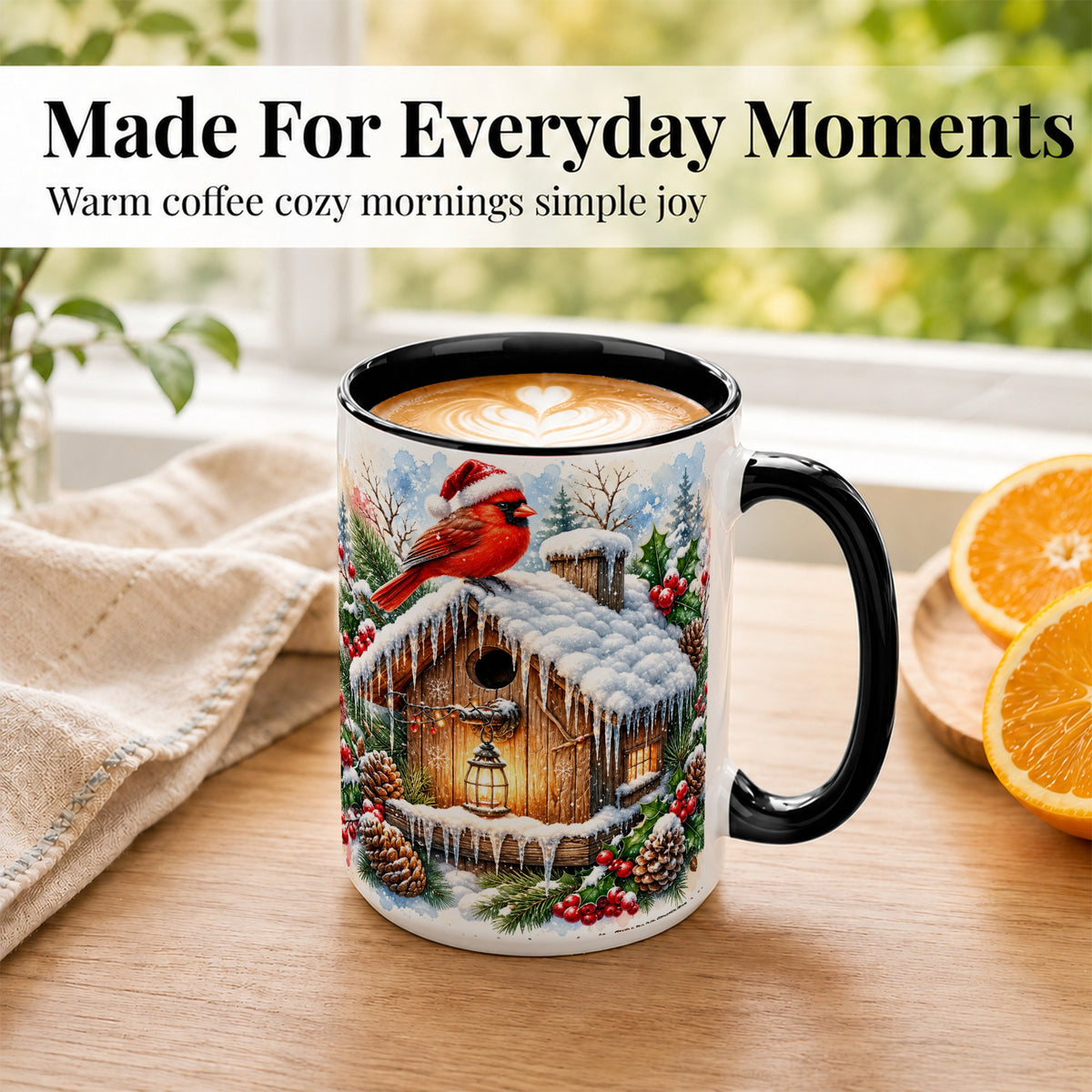 #pl[15oz|Black] Snowy Cardinal Coffee Mug, Winter Birdhouse Mug, Ceramic Cup