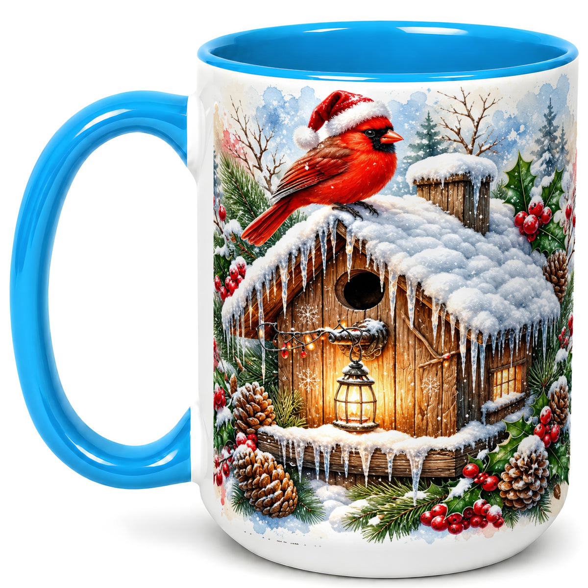 #pl[15oz|Blue] Snowy Cardinal Coffee Mug, Winter Birdhouse Mug, Ceramic Cup