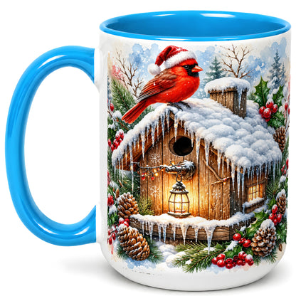 #pl[15oz|Blue] Snowy Cardinal Coffee Mug, Winter Birdhouse Mug, Ceramic Cup