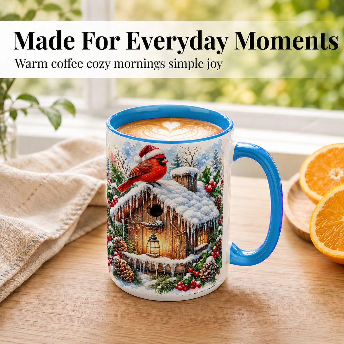 #pl[15oz|Blue] Snowy Cardinal Coffee Mug, Winter Birdhouse Mug, Ceramic Cup