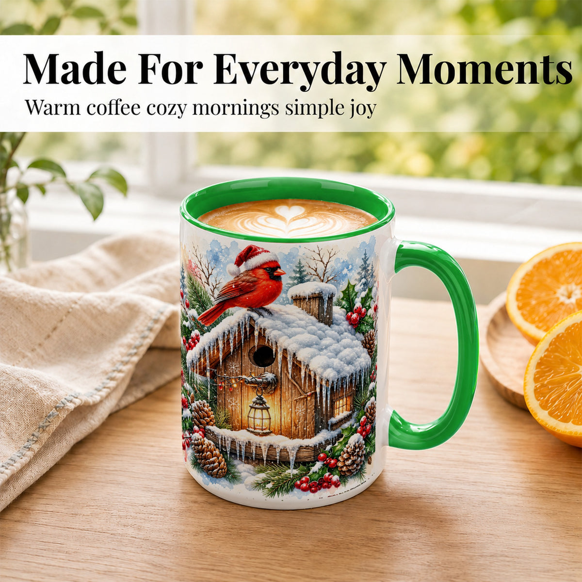 #pl[15oz|Green] Snowy Cardinal Coffee Mug, Winter Birdhouse Mug, Ceramic Cup