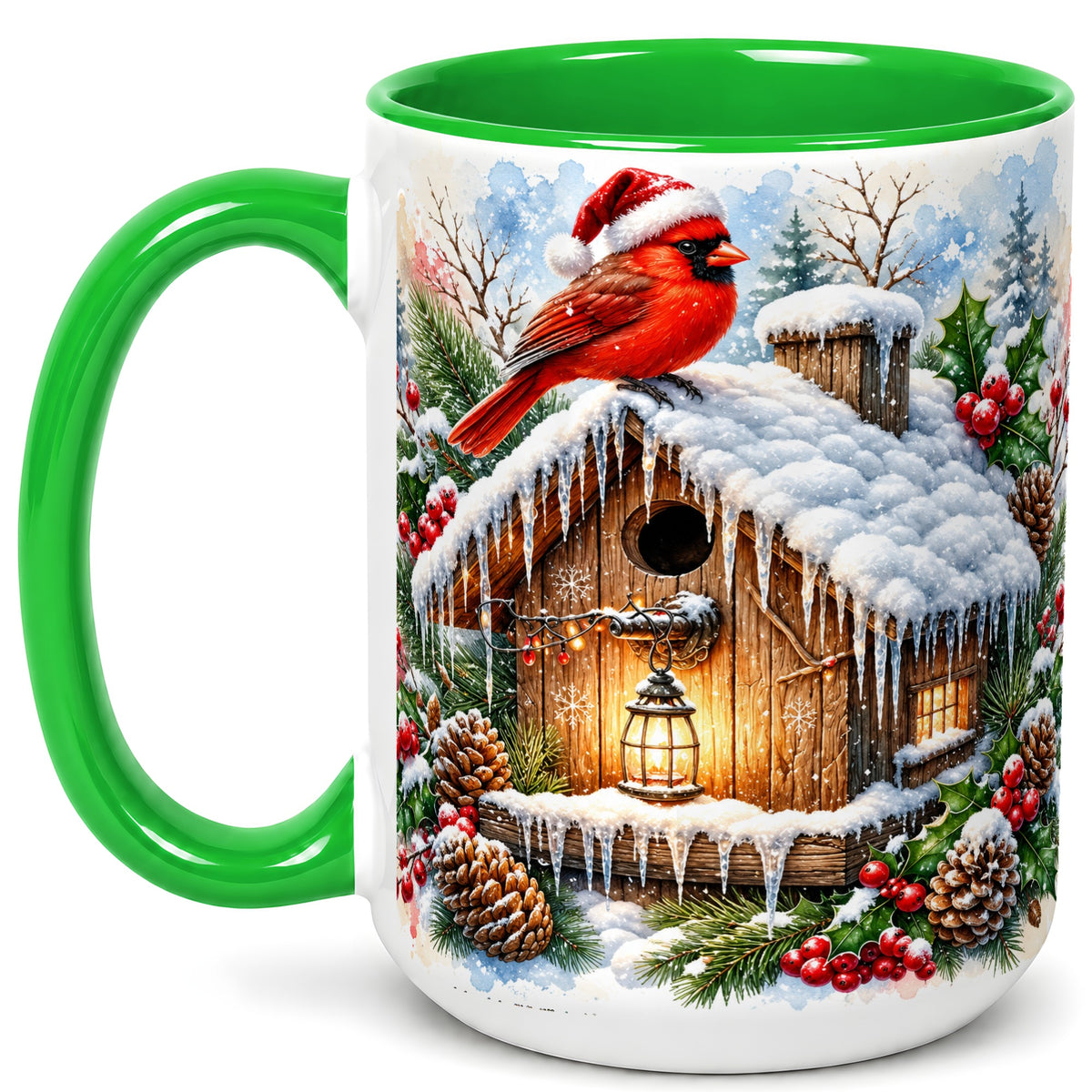 #pl[15oz|Green] Snowy Cardinal Coffee Mug, Winter Birdhouse Mug, Ceramic Cup