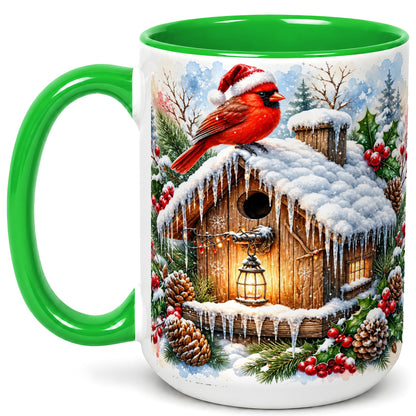#pl[15oz|Green] Snowy Cardinal Coffee Mug, Winter Birdhouse Mug, Ceramic Cup