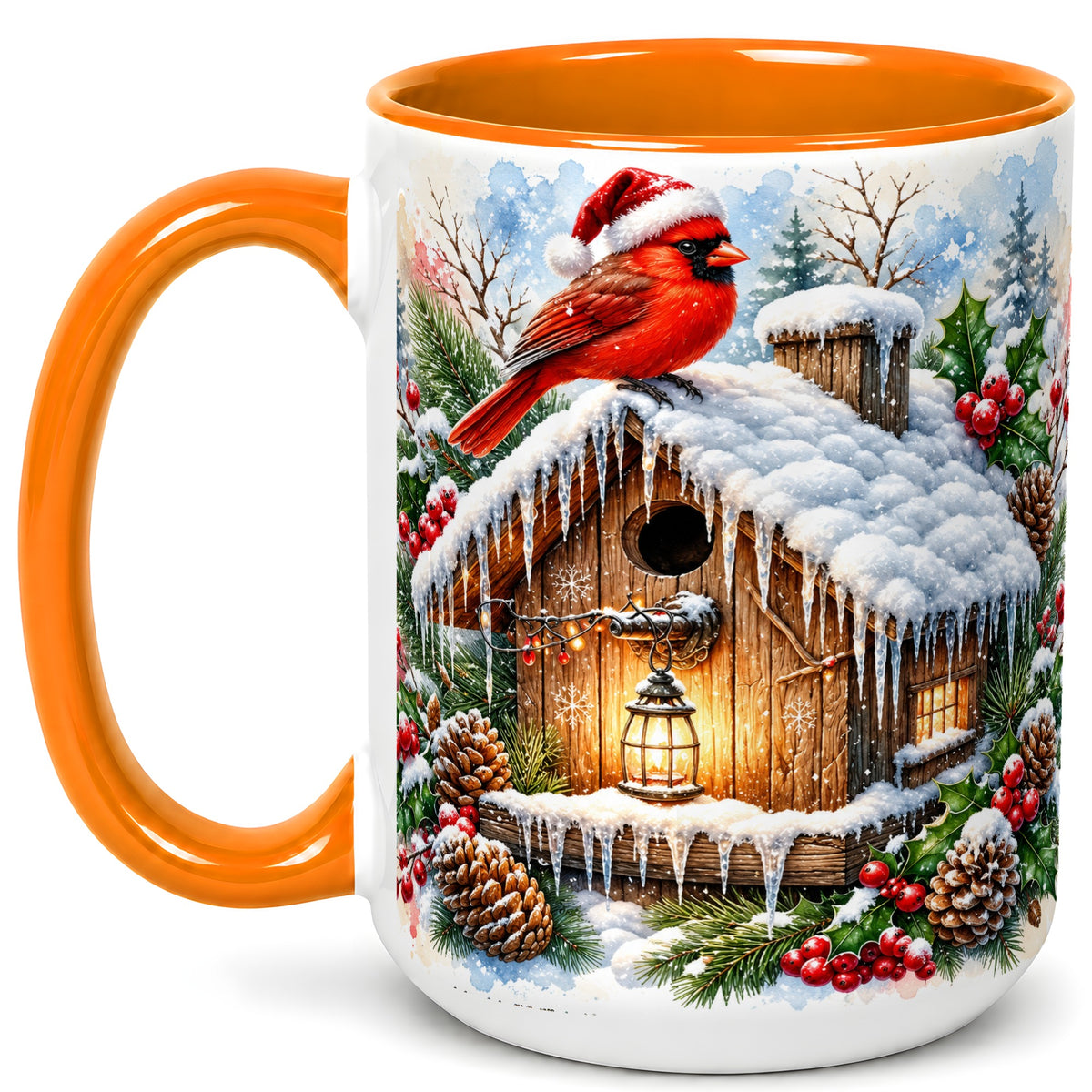 #pl[15oz|Orange] Snowy Cardinal Coffee Mug, Winter Birdhouse Mug, Ceramic Cup
