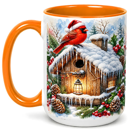 #pl[15oz|Orange] Snowy Cardinal Coffee Mug, Winter Birdhouse Mug, Ceramic Cup
