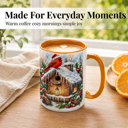 #pl[15oz|Orange] Snowy Cardinal Coffee Mug, Winter Birdhouse Mug, Ceramic Cup
