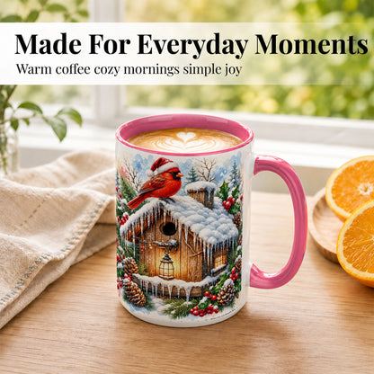 #pl[15oz|Pink] Snowy Cardinal Coffee Mug, Winter Birdhouse Mug, Ceramic Cup