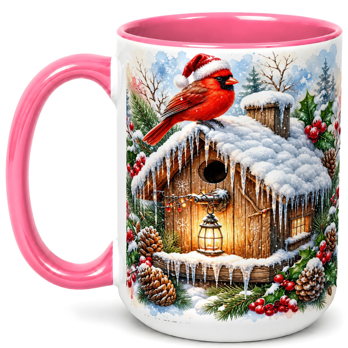 #pl[15oz|Pink] Snowy Cardinal Coffee Mug, Winter Birdhouse Mug, Ceramic Cup