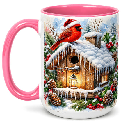 #pl[15oz|Pink] Snowy Cardinal Coffee Mug, Winter Birdhouse Mug, Ceramic Cup