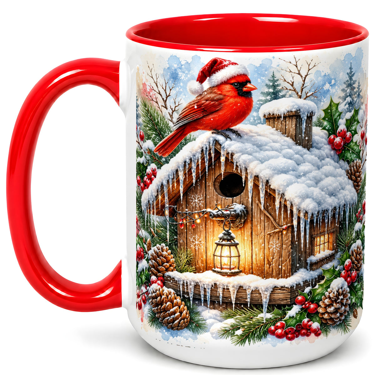#pl[15oz|Red] Snowy Cardinal Coffee Mug, Winter Birdhouse Mug, Ceramic Cup
