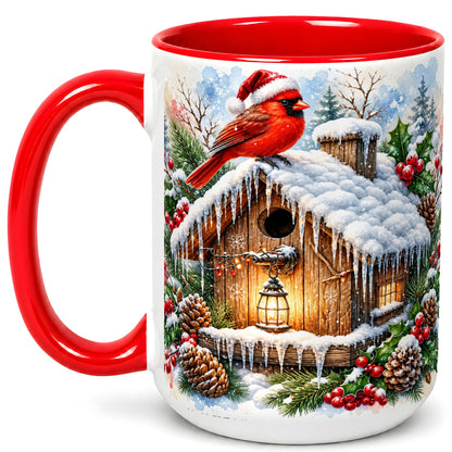 #pl[15oz|Red] Snowy Cardinal Coffee Mug, Winter Birdhouse Mug, Ceramic Cup