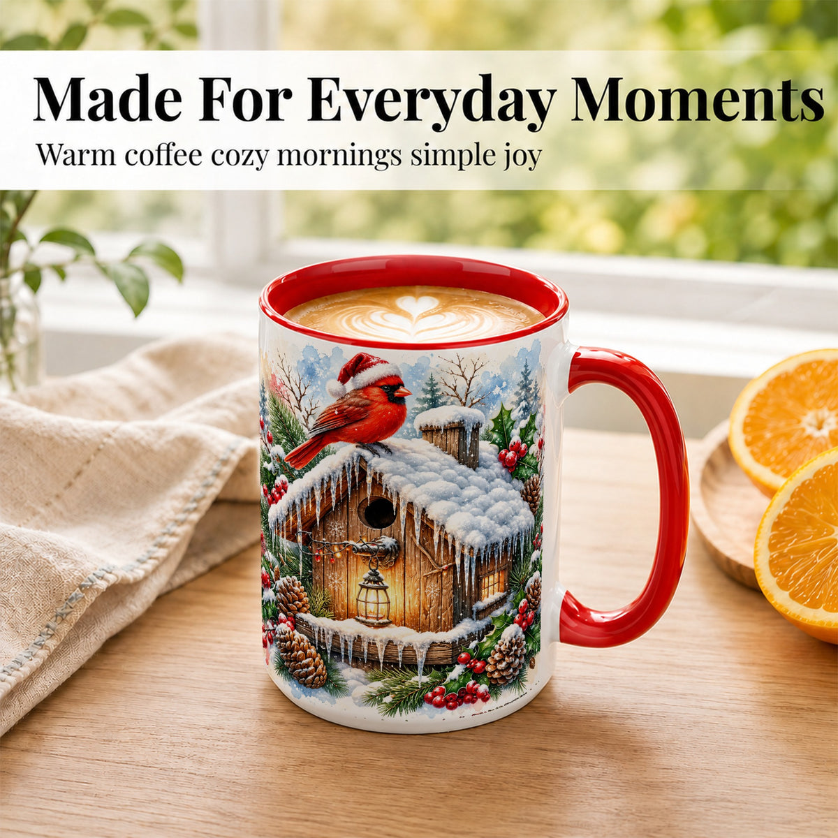 #pl[15oz|Red] Snowy Cardinal Coffee Mug, Winter Birdhouse Mug, Ceramic Cup